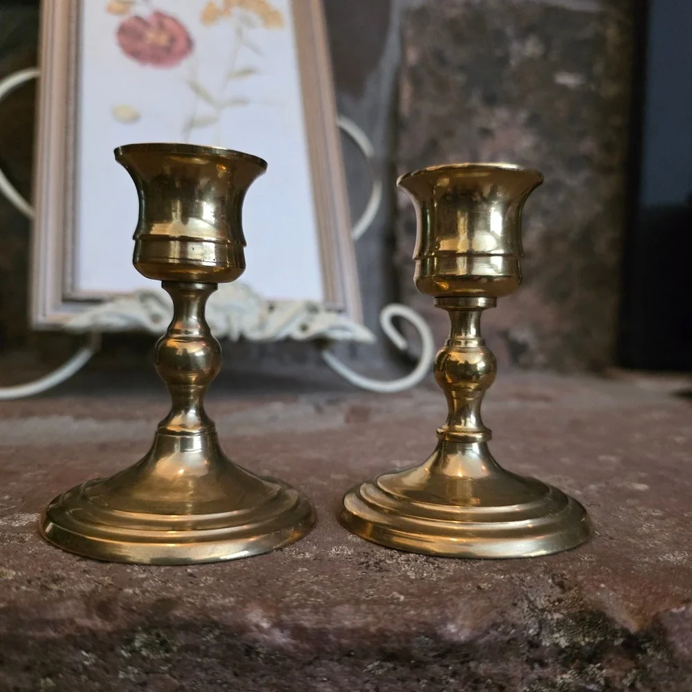 Vintage Solid Brass Candlestick Holders Pair 3 Inch Gold Taper Candle Stands MCM